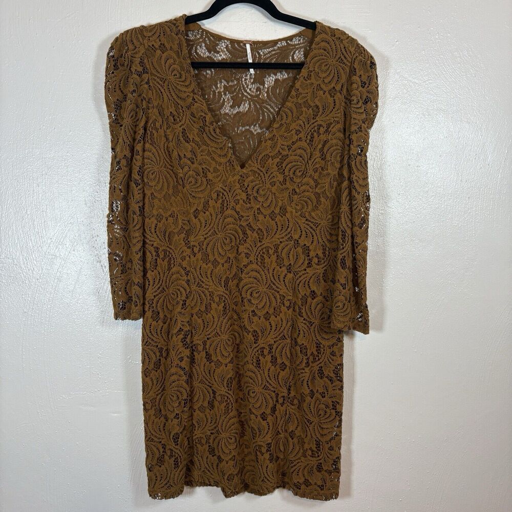 Free People Lace Midi Dress in Mustard Brown